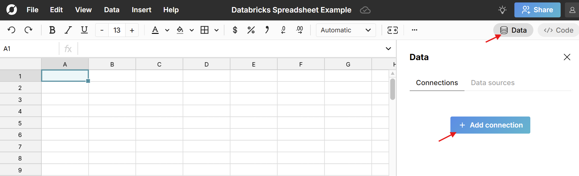 add Databricks connection to spreadsheet