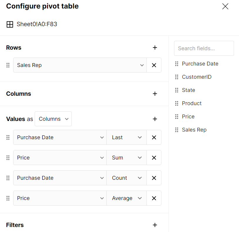 configure pivot table