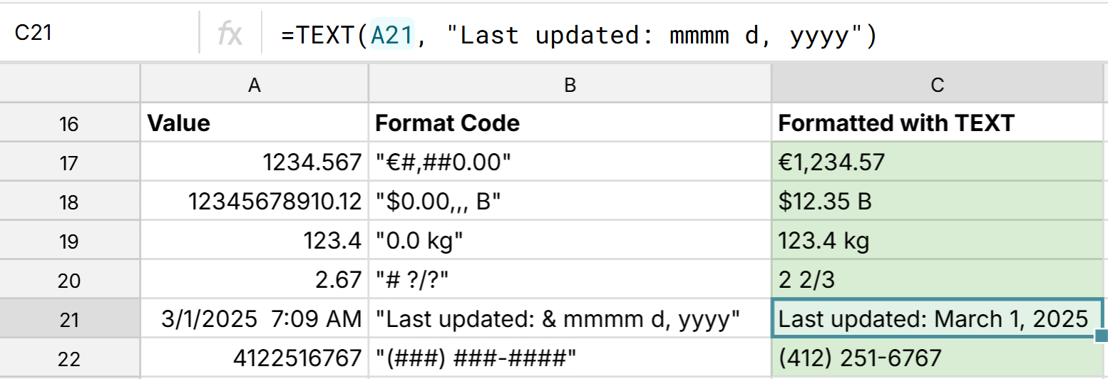 custom format numbers and dates with text function