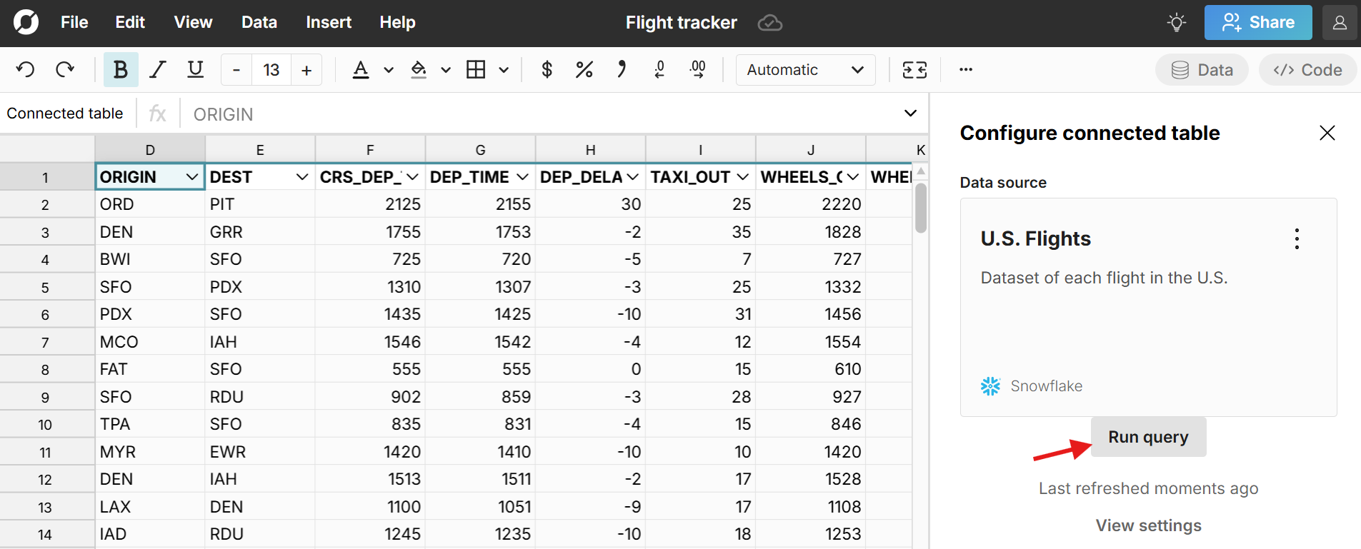 run query in spreadsheet