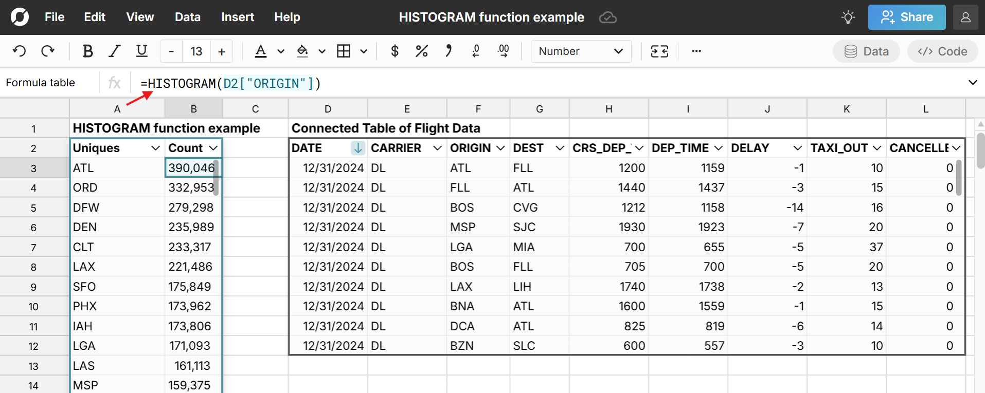 dynamic histogram in spreadsheet