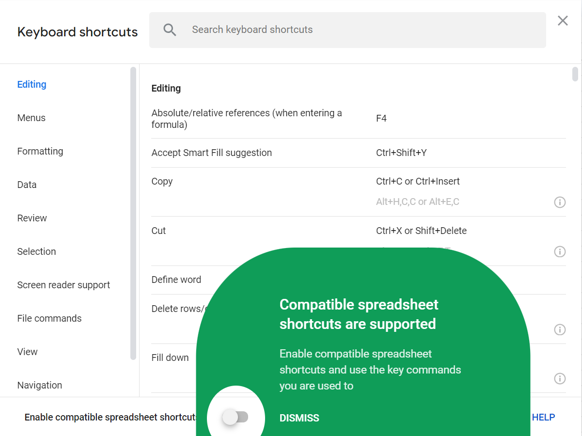 Google Sheets Compatible Spreadsheet Shortcuts