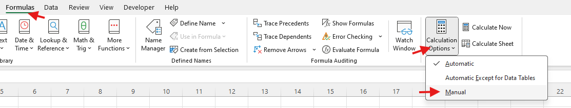 excel calculation options set to manual