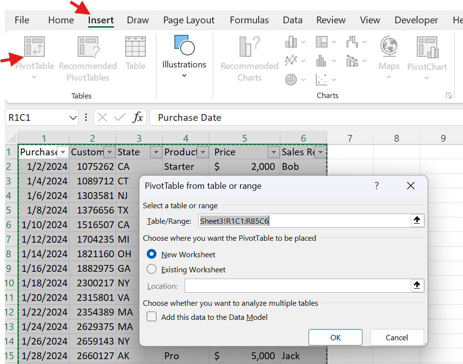 excel insert pivot table