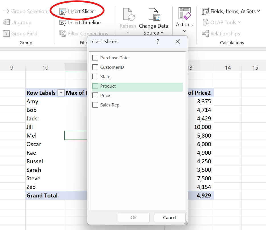 isert slicers Excel pivot table