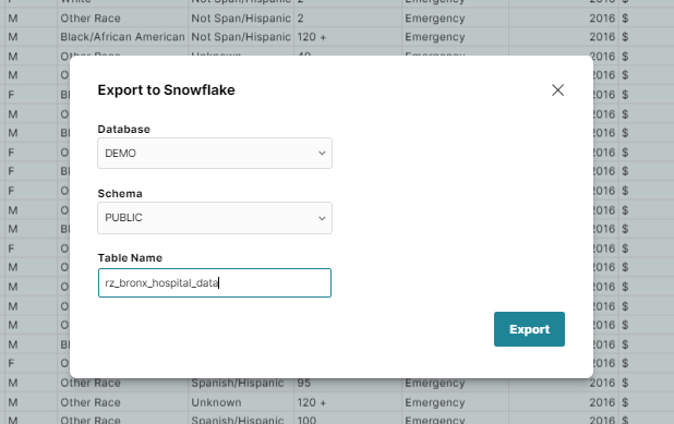 Export to Snowflake modal