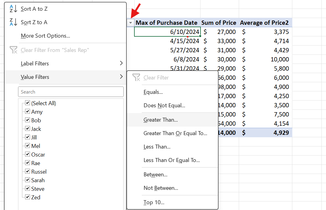 sort and filter Excel pivot table