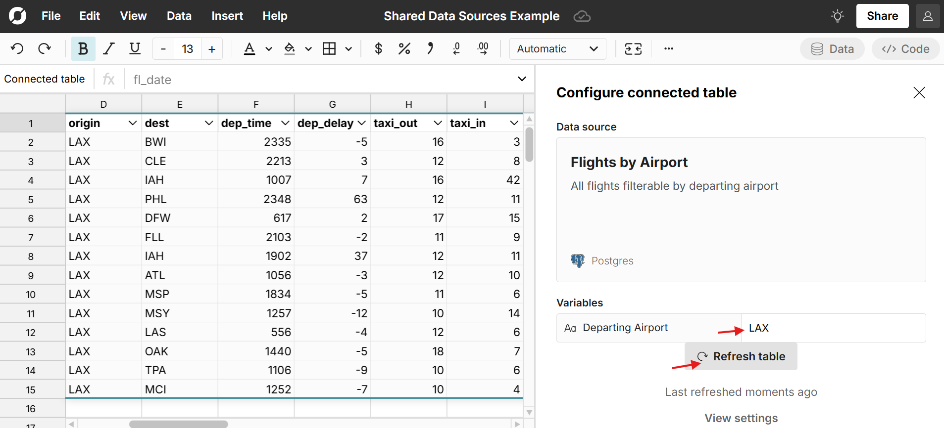 shared data sources in spreadsheet