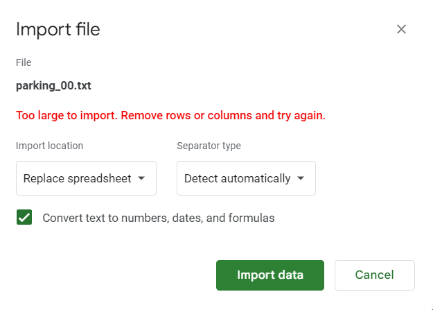 Google Sheets import too big