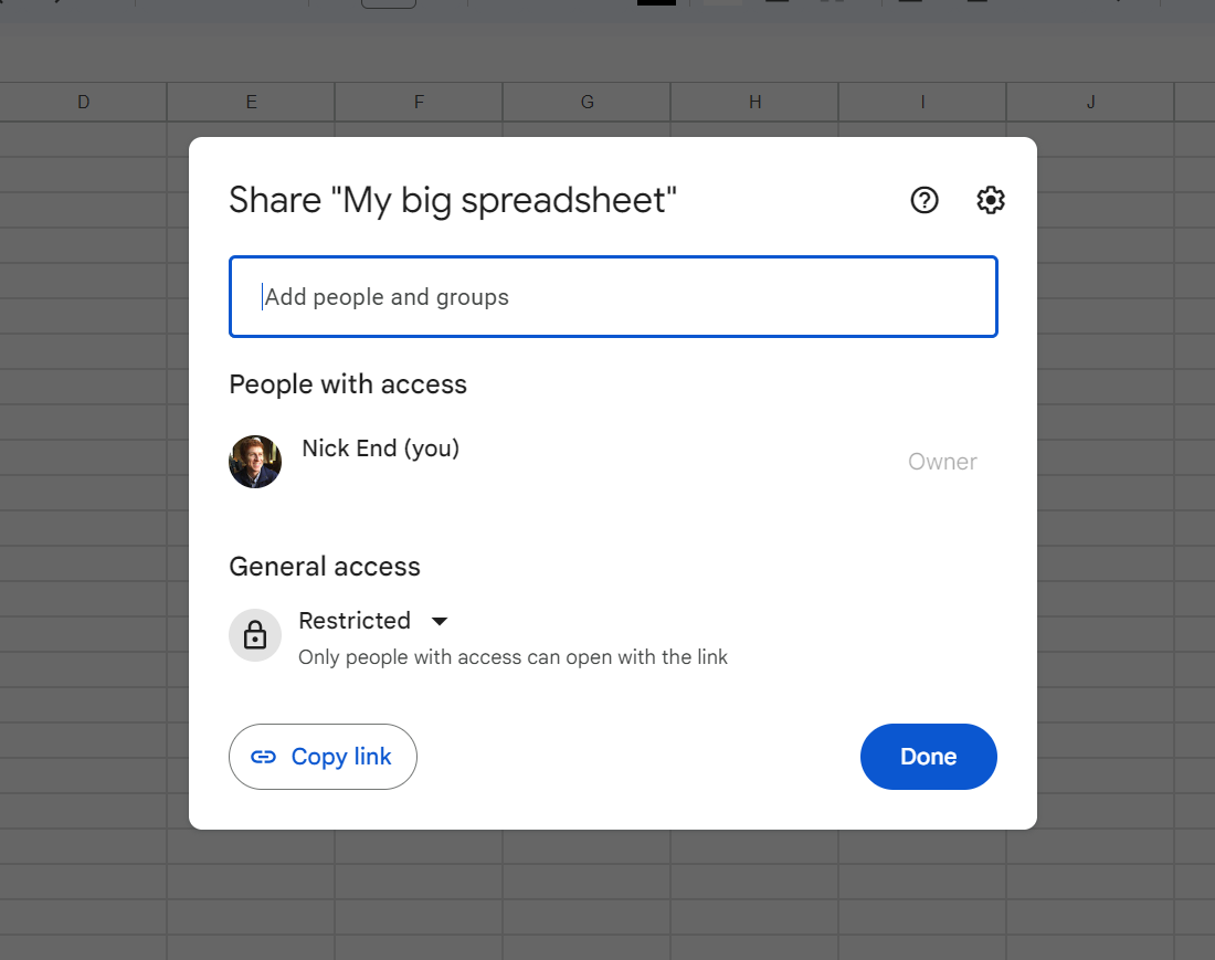 Google Sheets Sharing screen