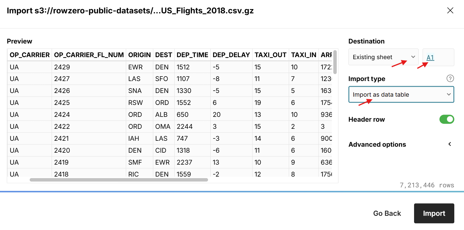 Import file to specific cell in spreadsheet