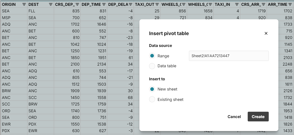 import pivot table from cell range