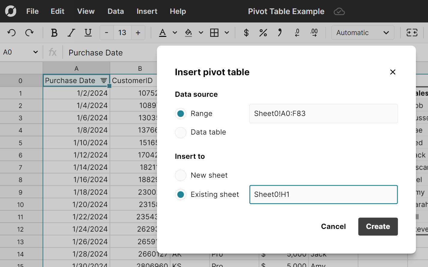 insert pivot table