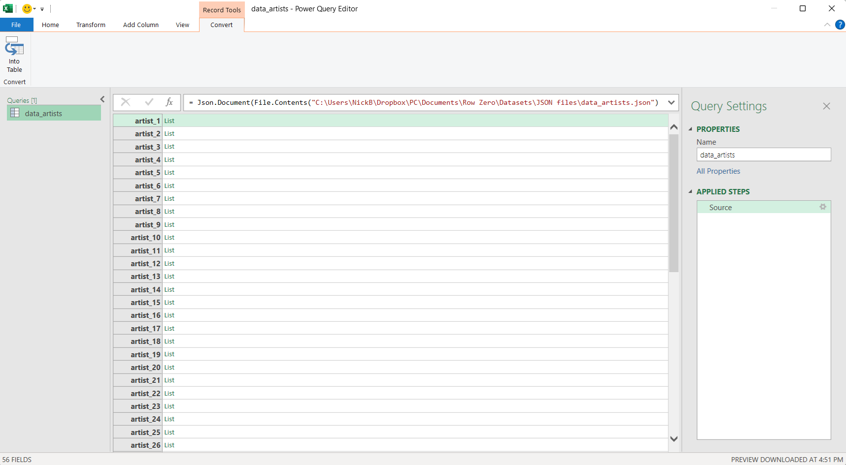 Initial excel json import