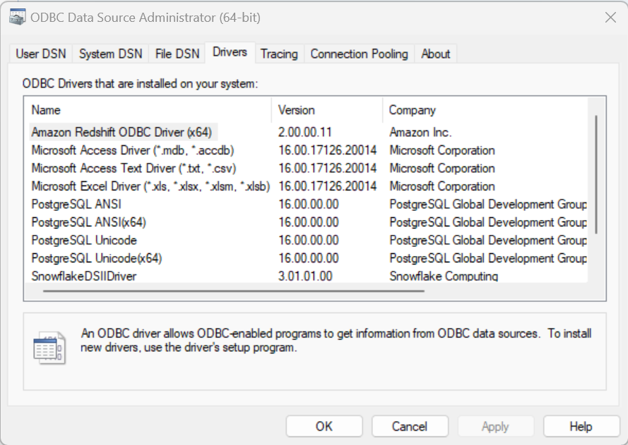 ODBC data sources driver menu