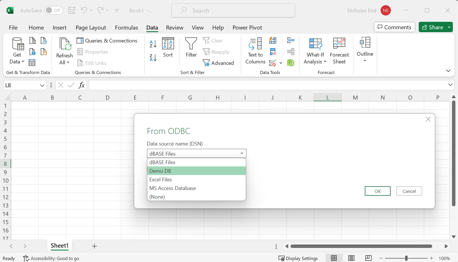 Excel From ODBC menu